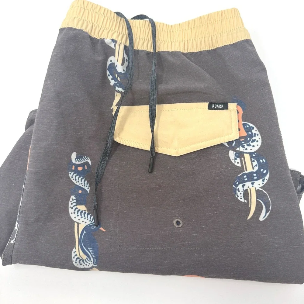 Roark Serrano Snake Dagger Board Shorts Mens Large‎ Charcoal Grey Hemp Stretch